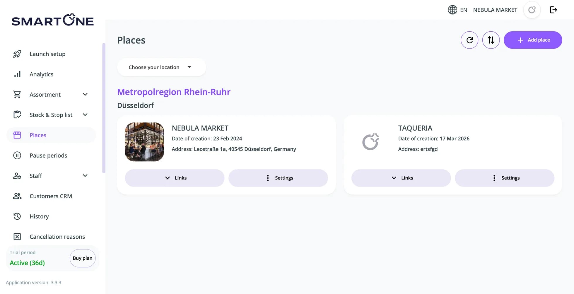 The places screen, listing restaurant locations
