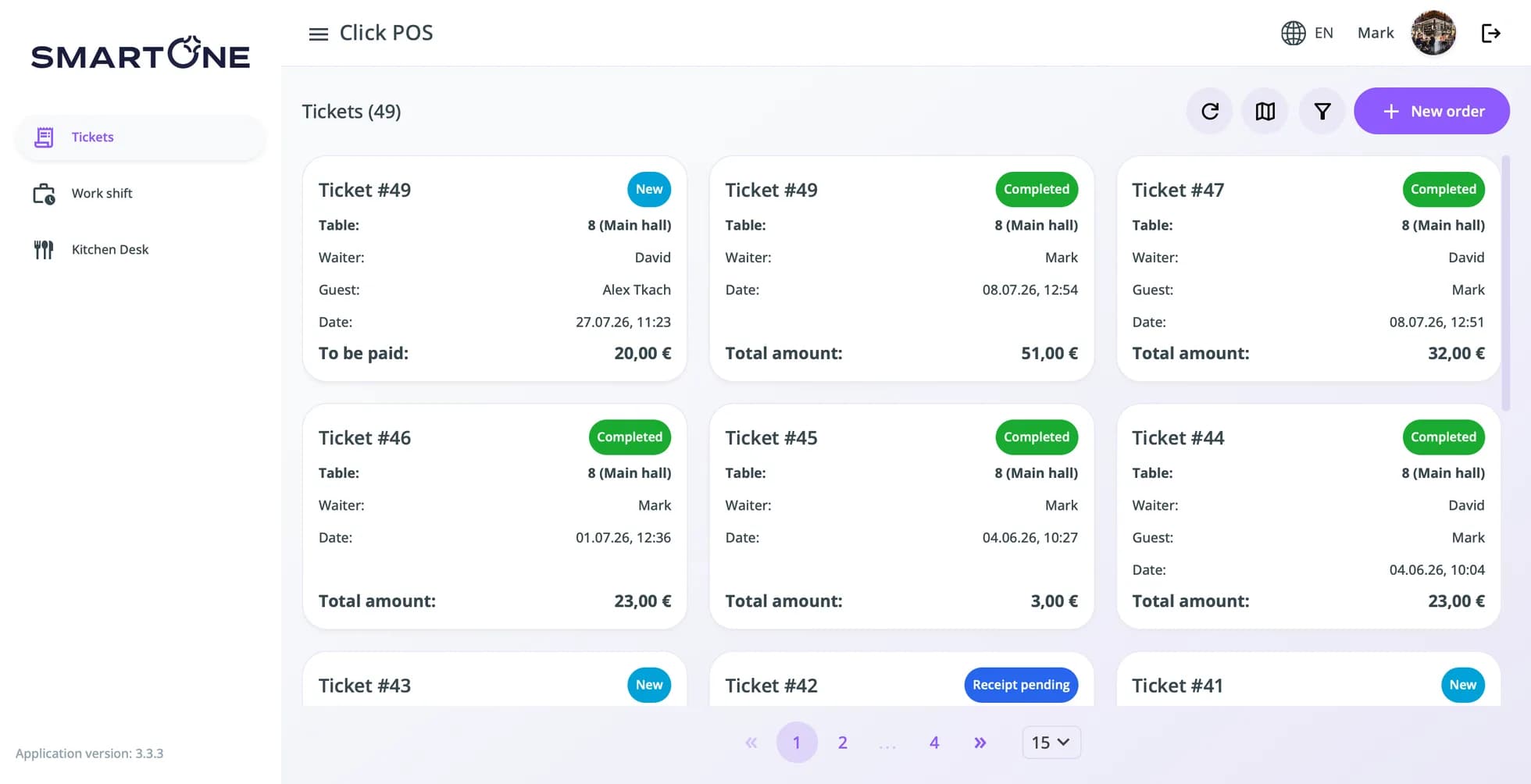 The tickets screen, listing open and completed orders