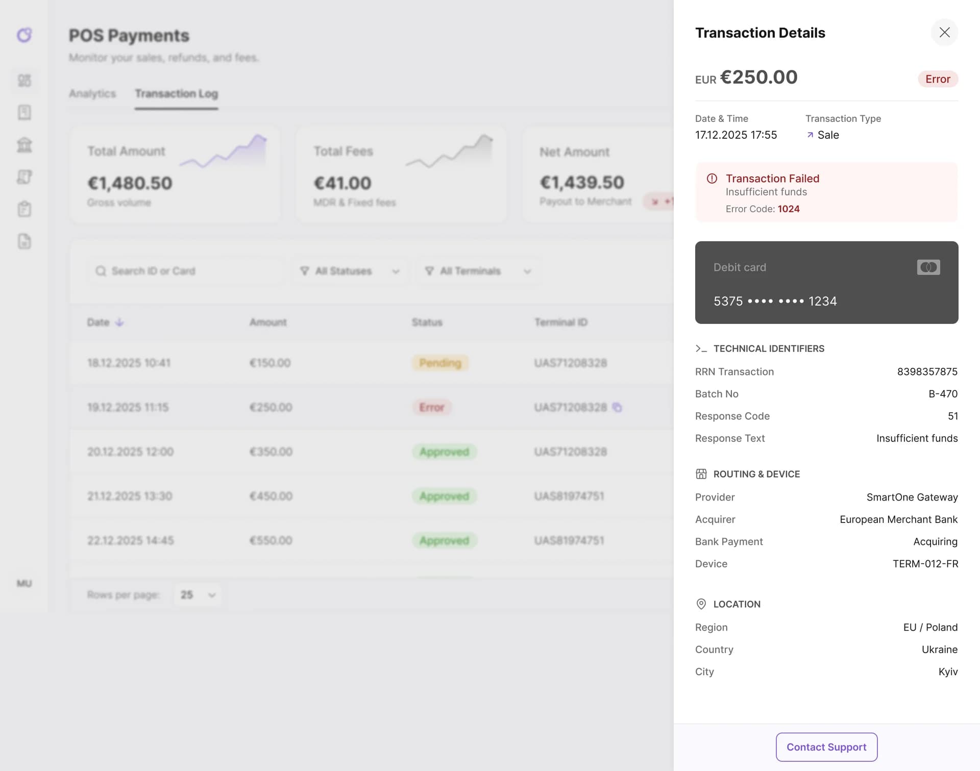 Transaction details in the Merchant Portal, showing the response code and failure reason