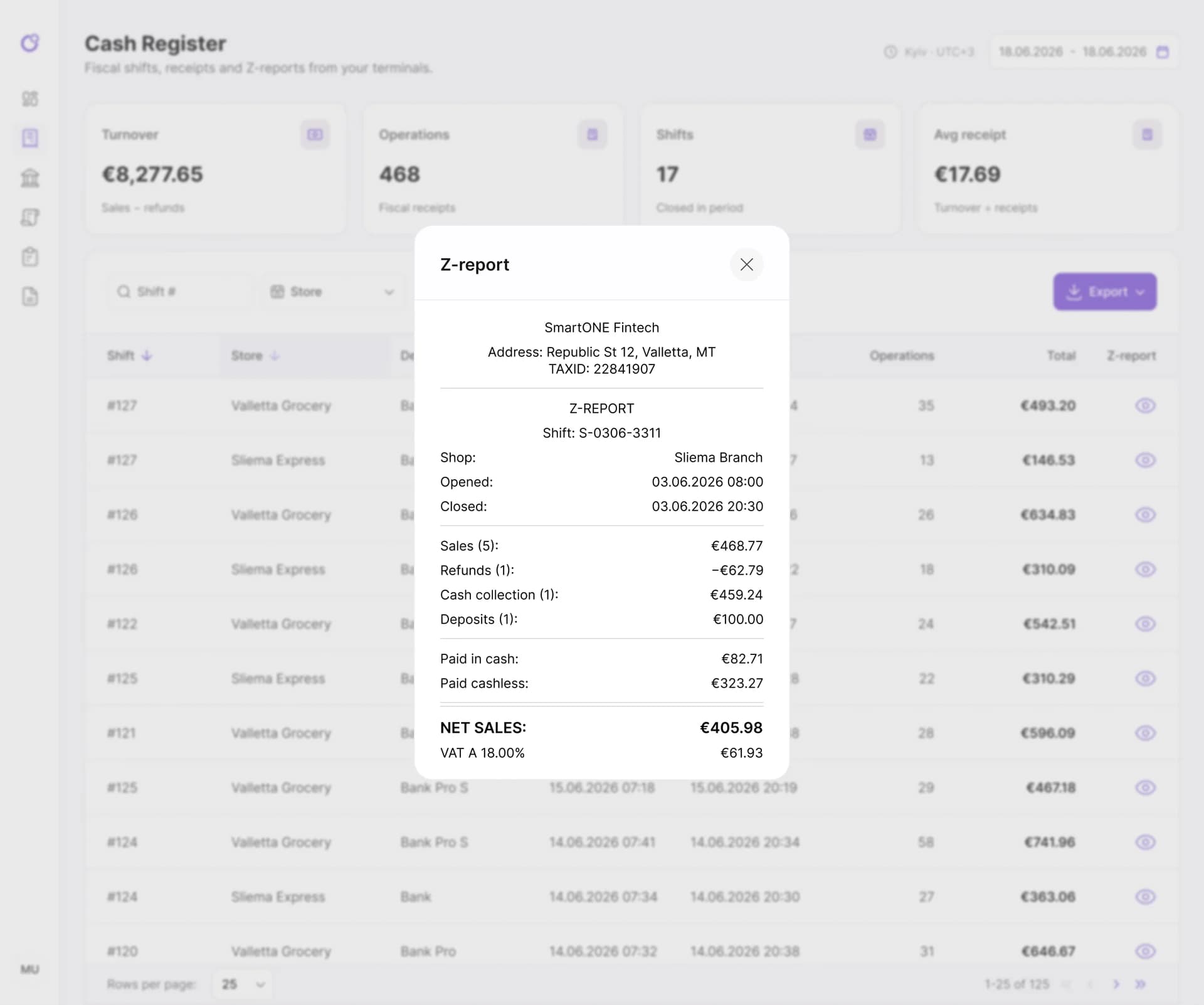 A Z-report opened in the Merchant Portal
